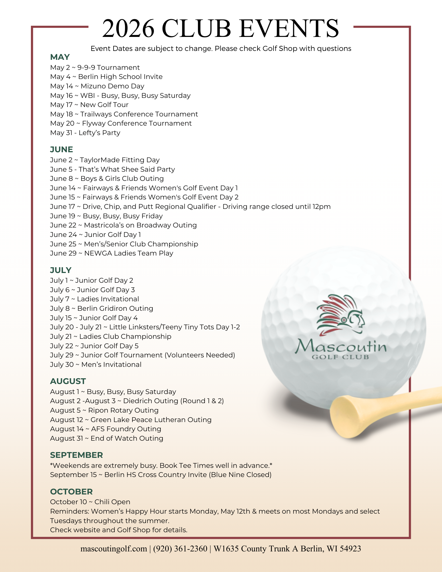 Mascoutin Event Calendar 2026 flyer 1